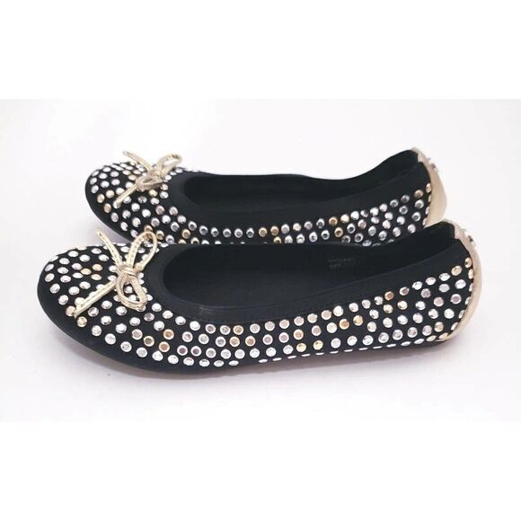 STUART WEITZMAN Women’s Silver NUBEADS STUDDED Black BALLET FLATS Size 2 Shoes - Picture 4 of 6